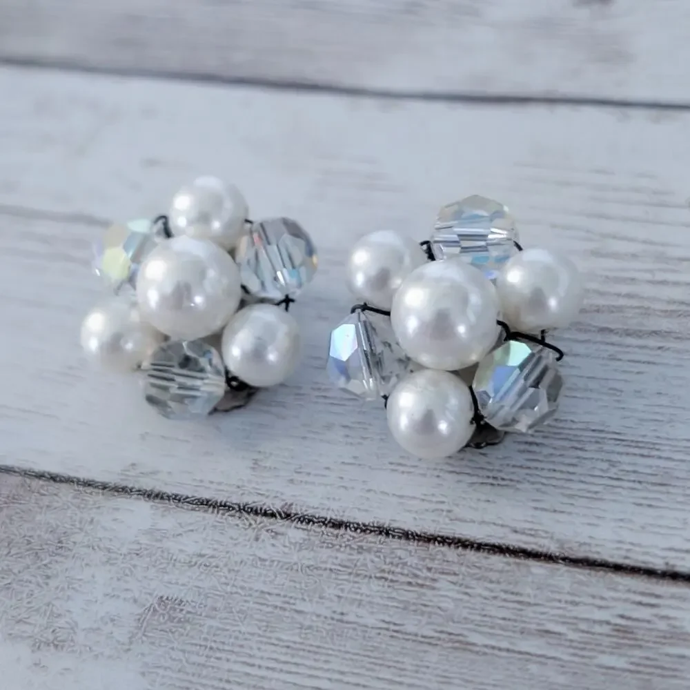 Vintage Clip On Earrings Faux Pearl & Iridescent Cluster Statement